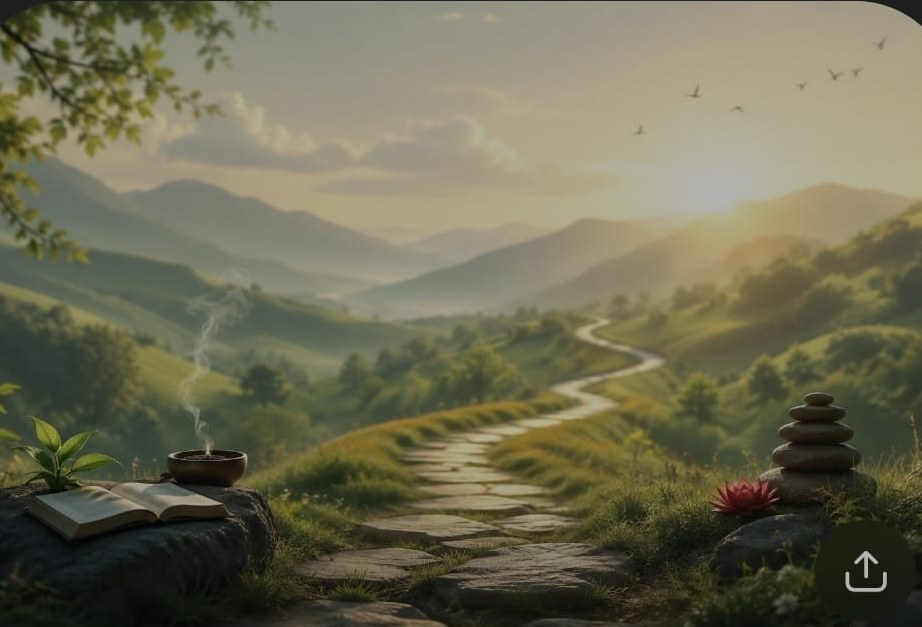 A stone path winding through green hills toward a sunrise, with an open text, a smoking incense bowl and a stack of balanced stones in the foreground