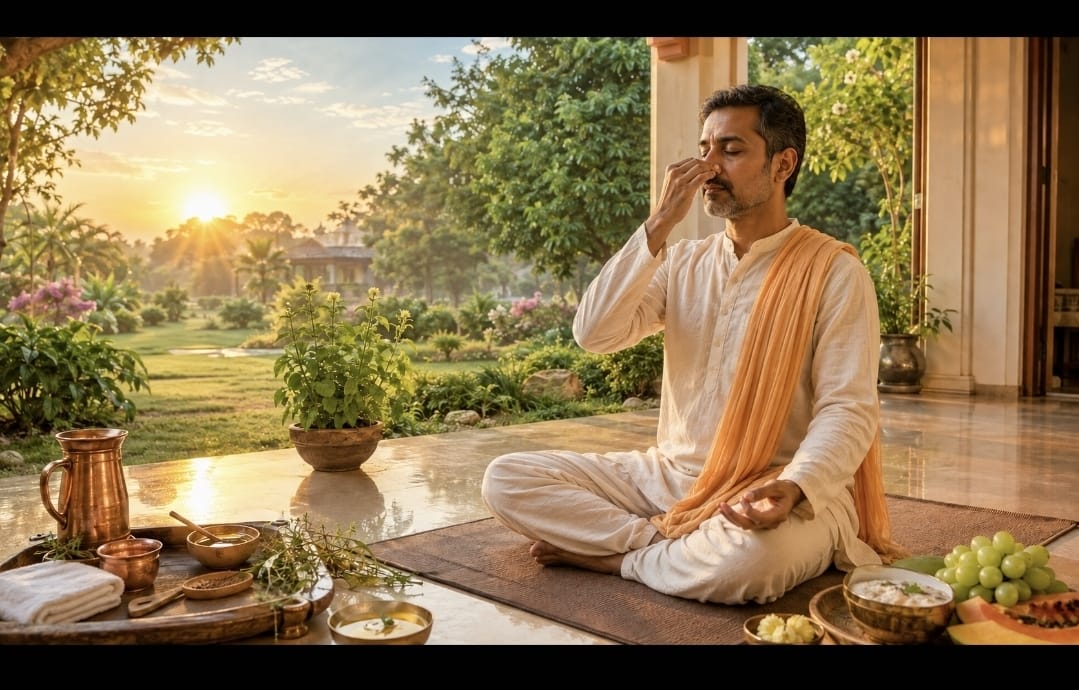 A figure seated in meditation in warm morning light